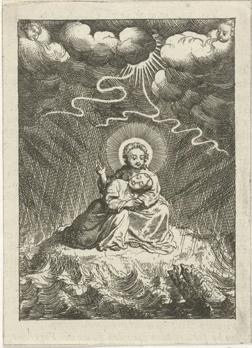 Gepersonifieerde ziel slapend op Christus' schoot tijdens onweer en storm by Jan Luyken, print, 1678-1687