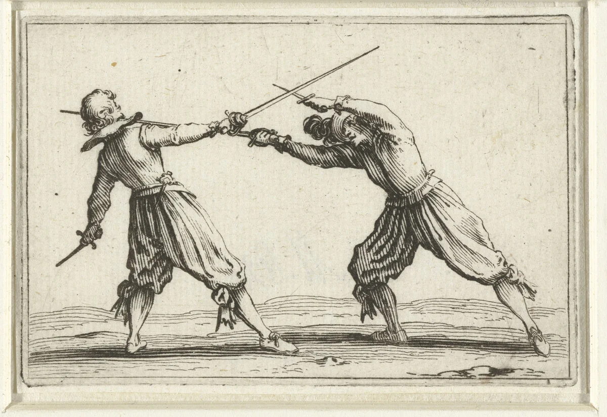 Twee vechtende mannen met zwaarden en dolken by Jacques Callot, print, 1621