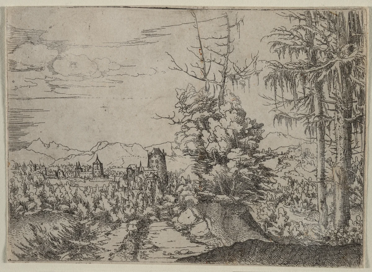 Landscape with Two Pines by Albrecht Altdorfer, print, 1521-1522