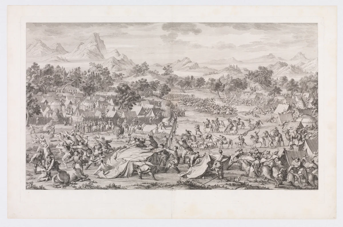 The Battle at Oroi-jalatu by Jacques-Philippe Le Bas, print, 1770