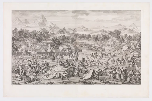 The Battle at Oroi-jalatu by Jacques-Philippe Le Bas, print, 1770