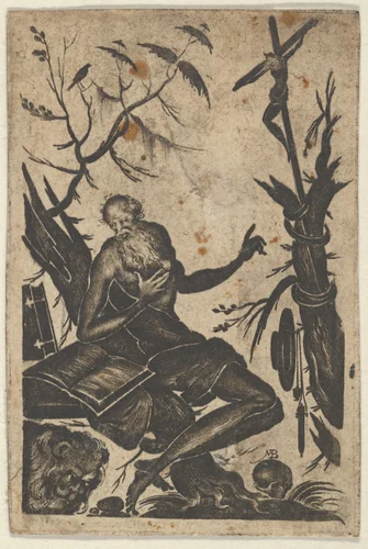 Blackwork Design with Saint Jerome by Mathais Beitler, print, 1615