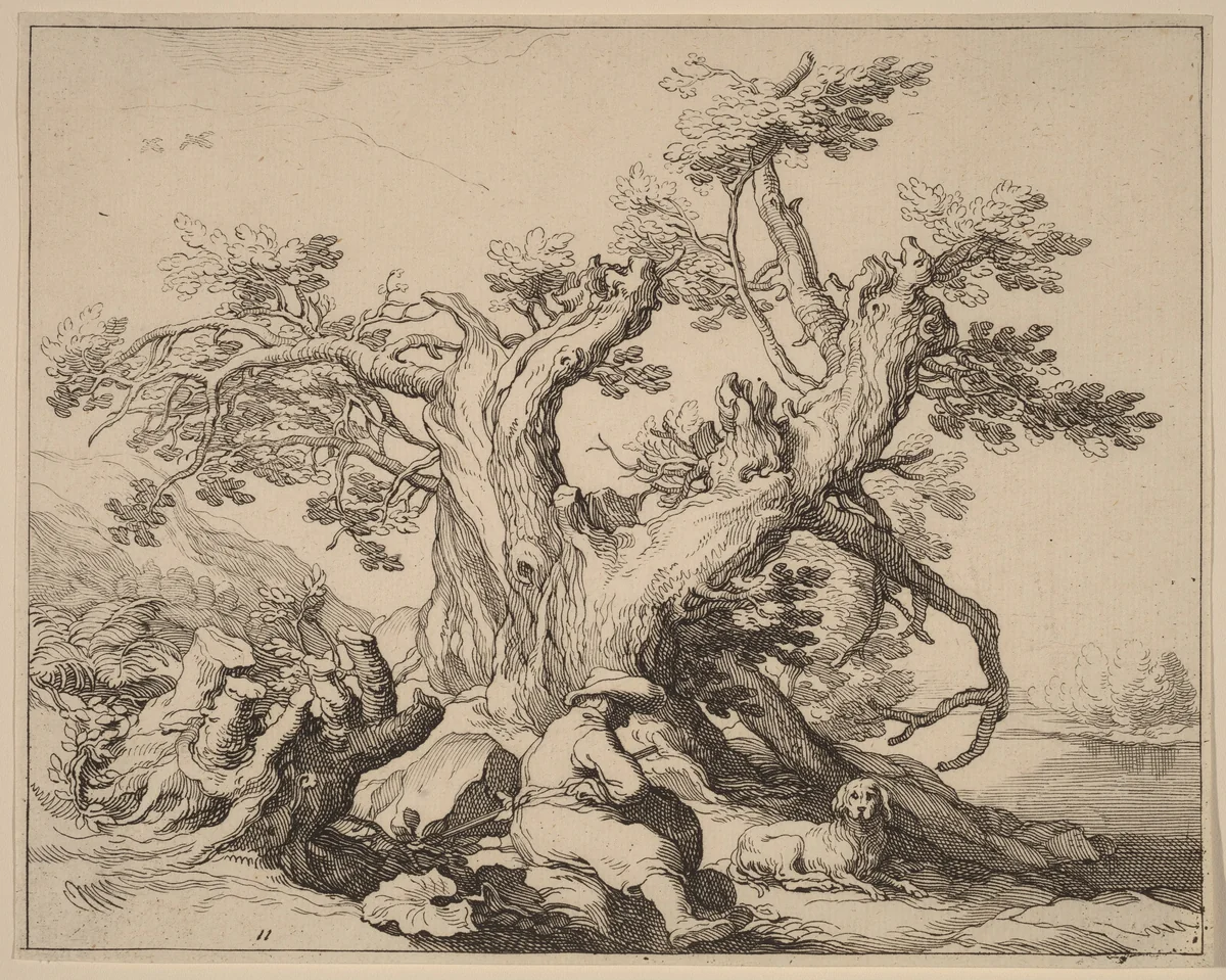 A Man and His Dog Resting by a Great Tree by Frederick Bloemaert; Abraham Bloemaert, print, 1630-1640