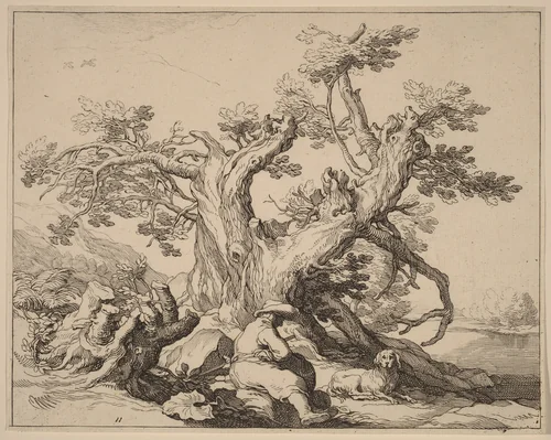 A Man and His Dog Resting by a Great Tree by Frederick Bloemaert; Abraham Bloemaert, print, 1630-1640