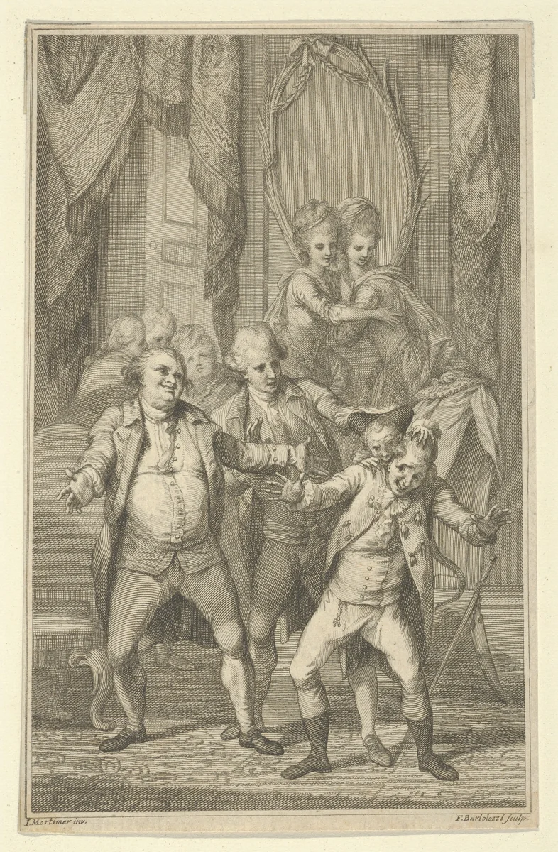 Frontispiece for Fanny Burney's "Evelina": Mr. Lovel Bitten in the Ear by Captain Mirvan's Monkey, vol. III by Francesco Bartolozzi, print, 1779