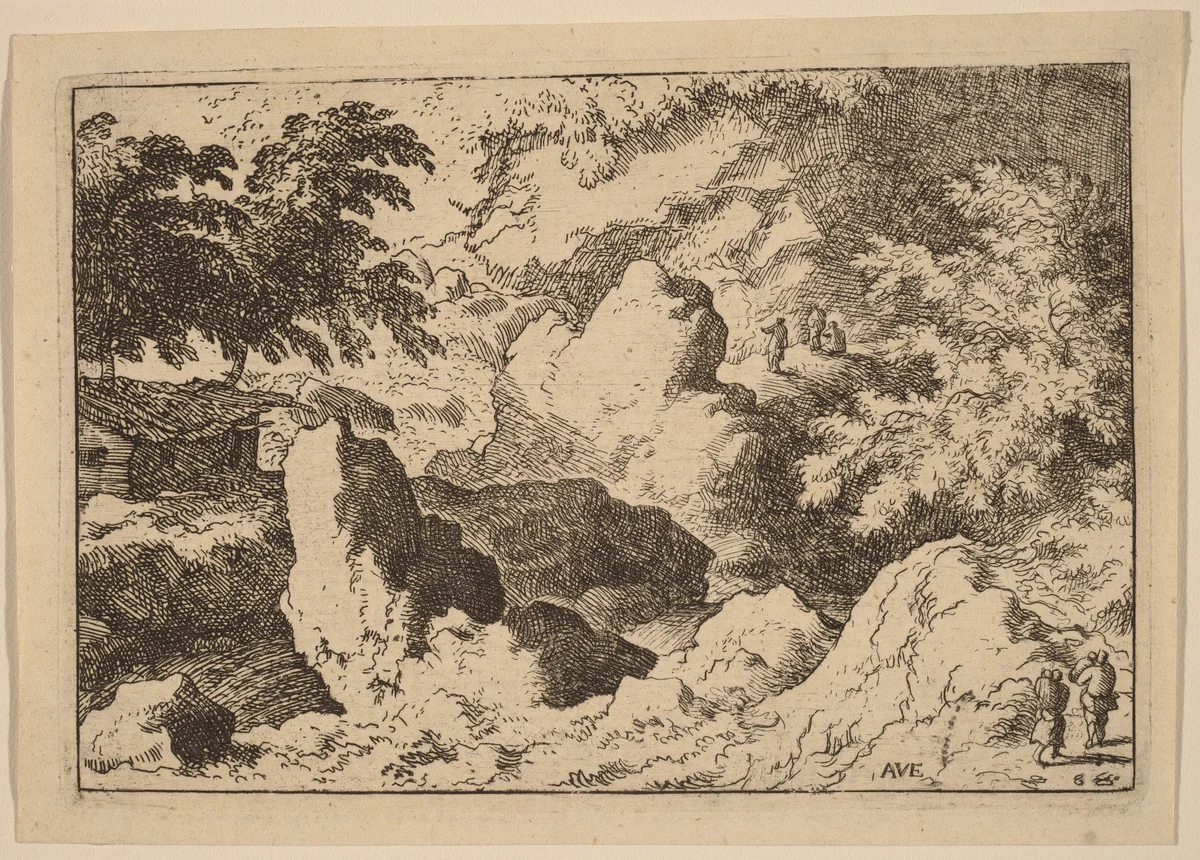 Three Men on a Rock by Allart van Everdingen, print, 1645-1656