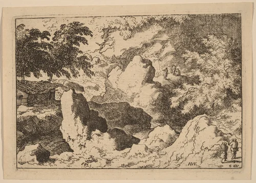 Three Men on a Rock by Allart van Everdingen, print, 1645-1656