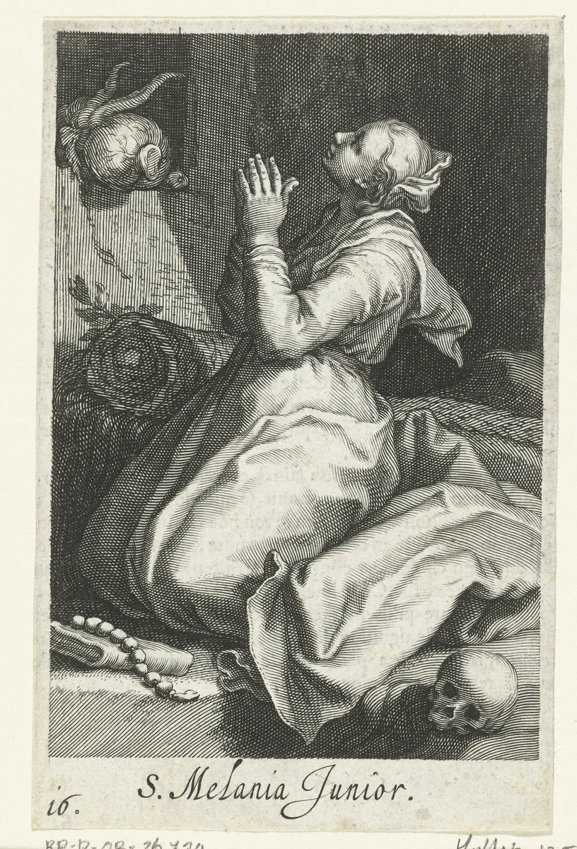 Heilige Melania de Jongere als kluizenares by Boëtius Adamsz. Bolswert, print, 1590-1612