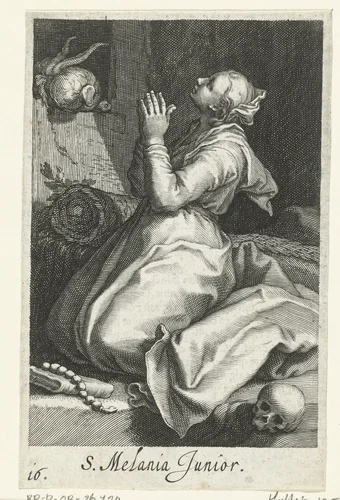 Heilige Melania de Jongere als kluizenares by Boëtius Adamsz. Bolswert, print, 1590-1612