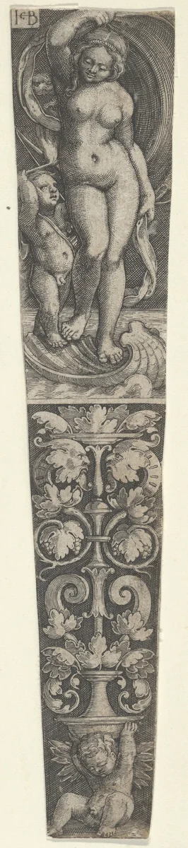 Dagger Sheath with Venus and Cupid, and a Candelabrum Supported by Cupid Below by Jacob Binck, print, 1520-1561