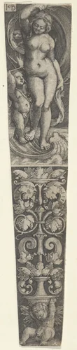 Dagger Sheath with Venus and Cupid, and a Candelabrum Supported by Cupid Below by Jacob Binck, print, 1520-1561