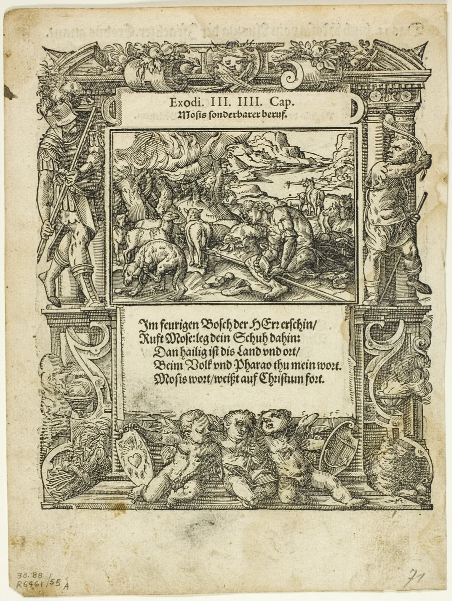 Moses and the Burning Bush (recto) and The Infant Moses Put into the River (verso) from Neue künstliche Figuren biblischer Historien, plate 55 from Woodcuts from Books of the XVI Century by Tobias Stimmer, print, 1578