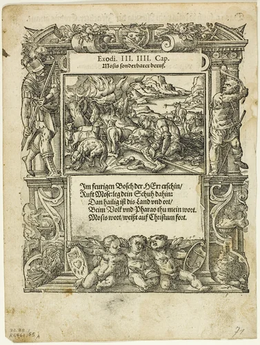 Moses and the Burning Bush (recto) and The Infant Moses Put into the River (verso) from Neue künstliche Figuren biblischer Historien, plate 55 from Woodcuts from Books of the XVI Century by Tobias Stimmer, print, 1578