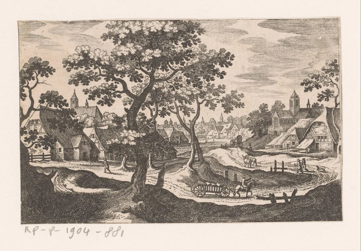Dorpsgezicht met kar by Matthäus Merian, print, 1603-1650