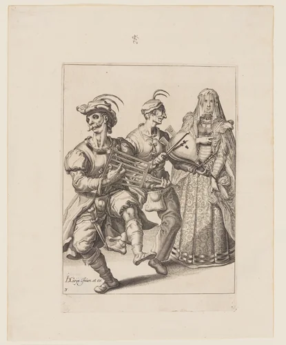 A Veiled Woman with Two Musicians Playing a Gridiron and a Bellows, from The Masquerades by Jacques de Gheyn II, print, 1595-1596