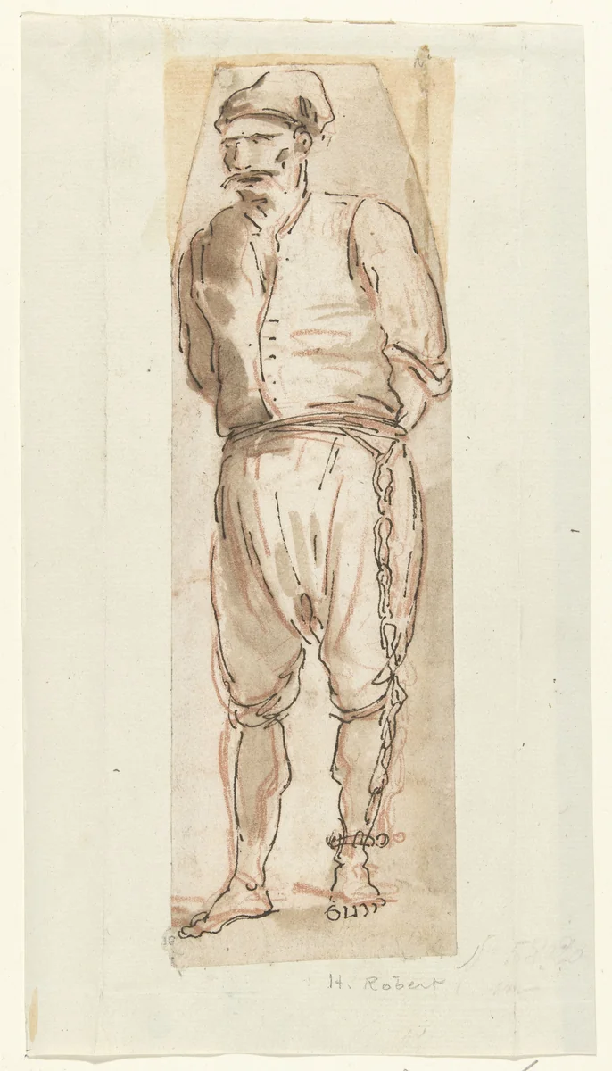 Staande geboeide galeislaaf by Hubert Robert, drawing, 1754-1808
