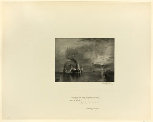 The Fighting Téméraire, from Old English Masters by Timothy Cole
Joseph Mallord William Turner, print, 1899