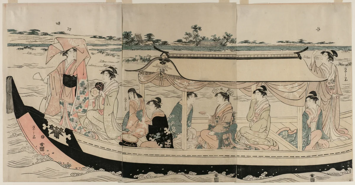 Women in a Pleasure Boat on the Sumida River by Chōbunsai Eishi (鳥文斎栄之), print, 1790-1799