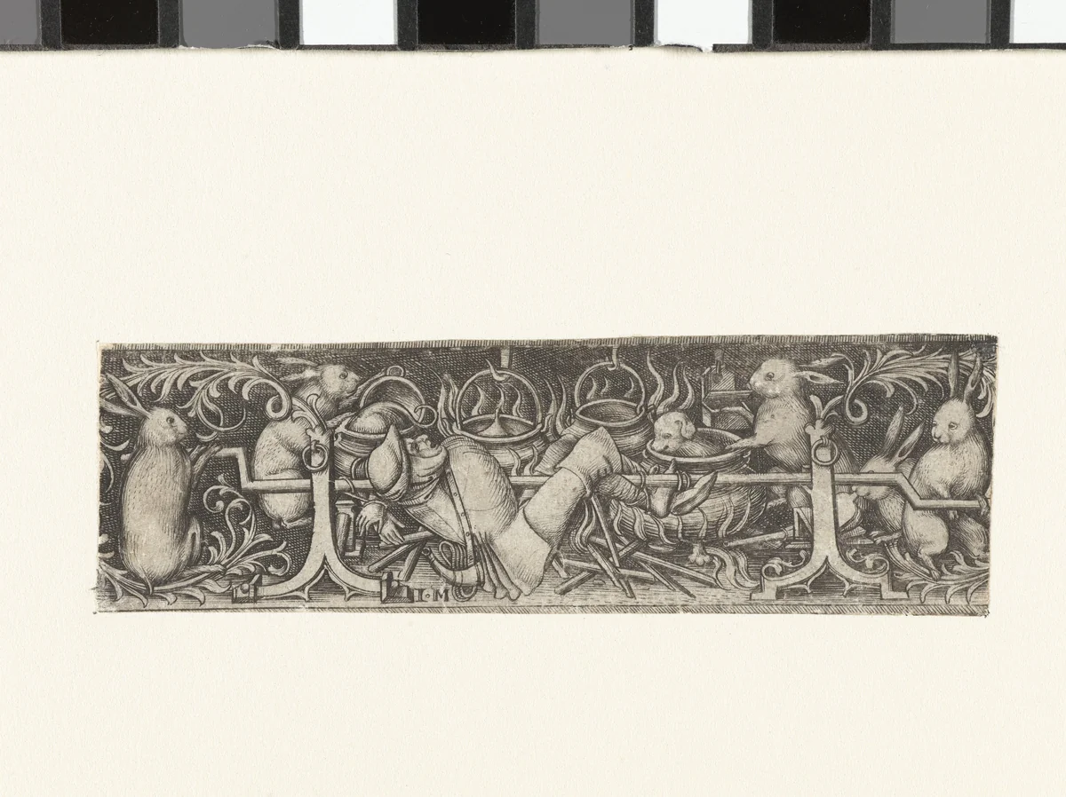 Hazen die een jager braden by Unknown, print, 1455-1503