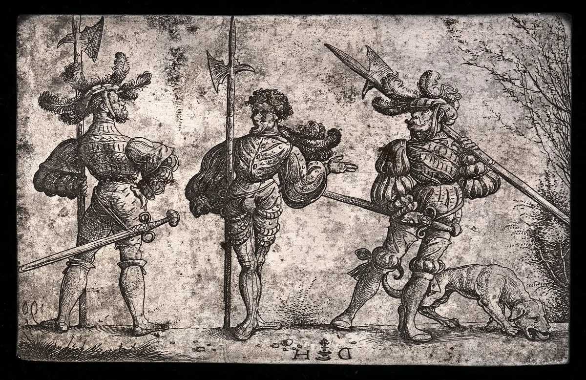 Three German Soldiers Armed with Halberds by Daniel Hopfer, technical material, 1505-1515