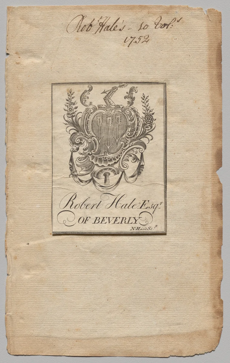 Bookplate: Coat of Arms with Robert Hale, Esq. inscribed by Nathaniel Hurd, print