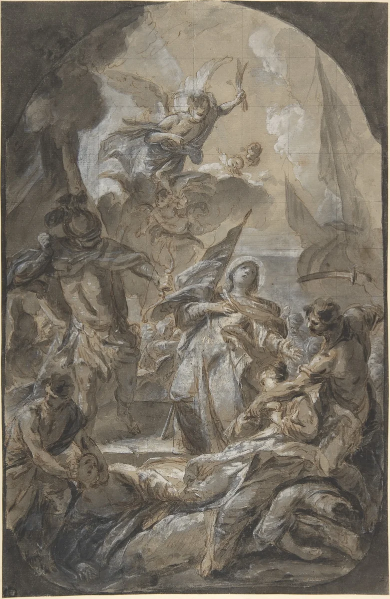 Martyrdom of Saint Ursula? Saint Paula? by anonymous, drawing, 1600-1700