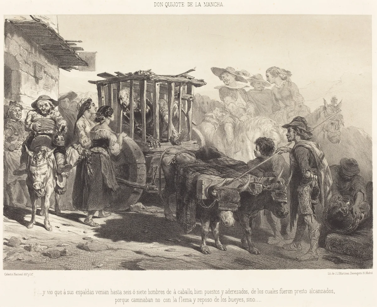 ...y vio que à sus espaldas venian hasta seis ó siete hombres... by Célestin Nanteuil, print, 1855