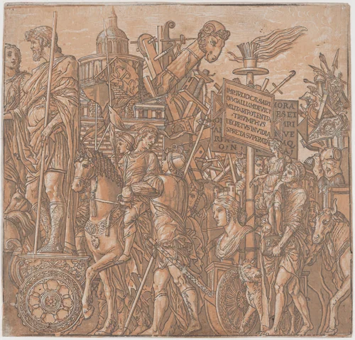 Sheet 2: A figure on a triumphal chariot surrounded by figures on horseback, from "The Triumph of Julius Caesar" by Andrea Andreani, print, 1599