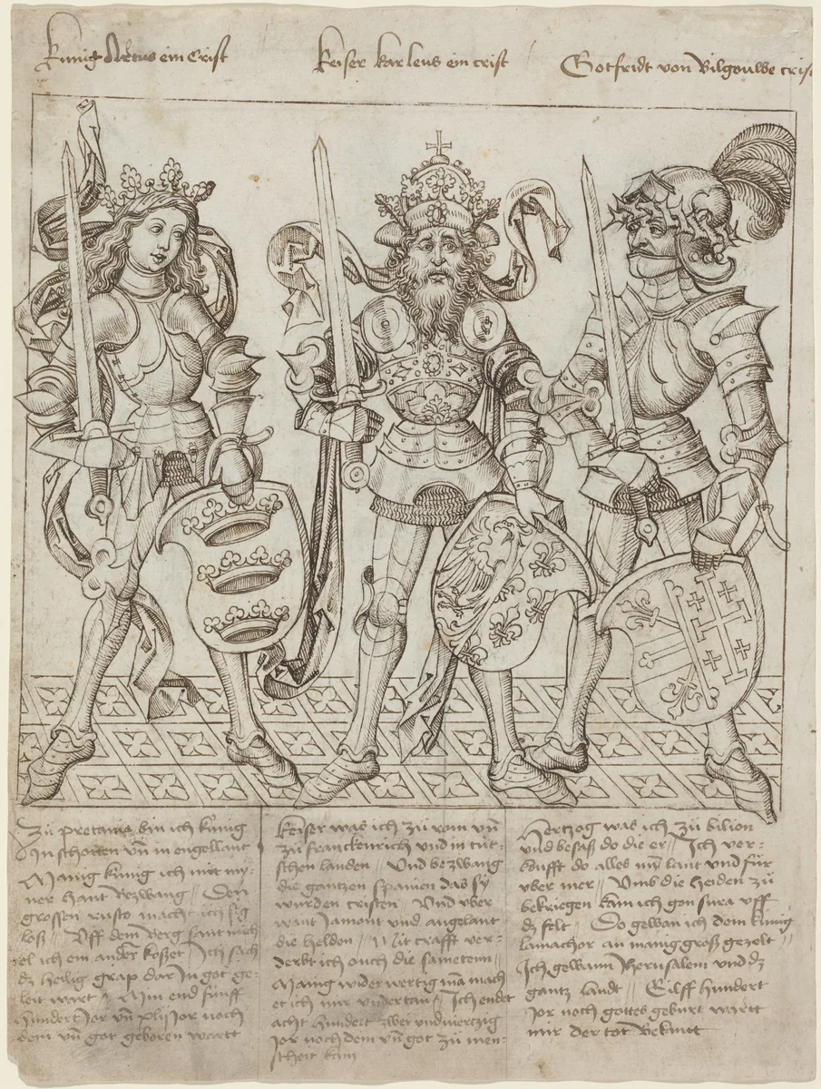 King Arthur, Charlemagne and Godfrey of Boulogne by Primary Master of the Strassburg Chronicle, drawing, 1412-1552