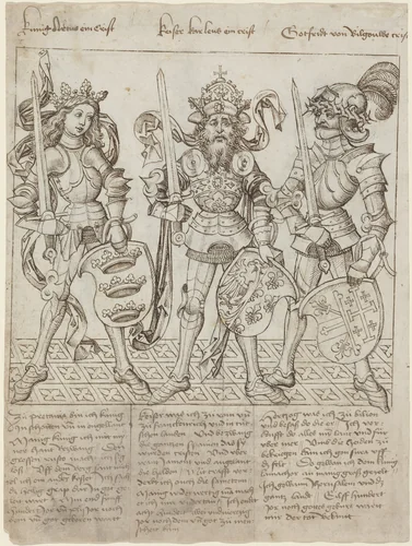 King Arthur, Charlemagne and Godfrey of Boulogne by Primary Master of the Strassburg Chronicle, drawing, 1412-1552