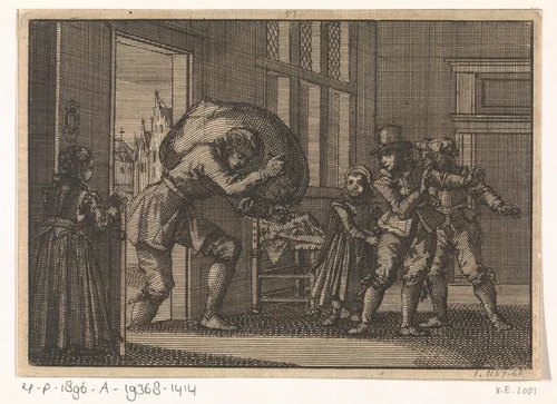 Tijdens het beleg van La Rochelle krijgt de weduwe van Prosui door een onbekende een zak graan gebracht, 1628 by Jan Luyken, print, 1698