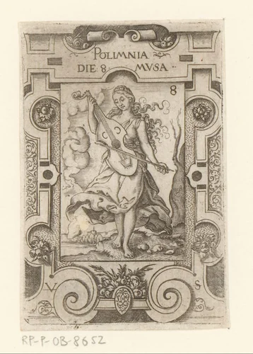 Polyhymnia in rolwerk omlijsting by Unknown, print, 1524-1562