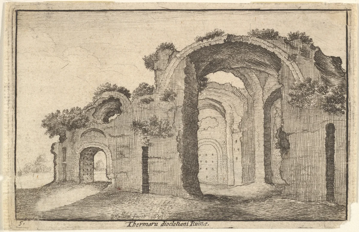 Baths of Diocletian, Rome, from "Roman Ruins" by Wenceslaus Hollar, print, 1640-1677