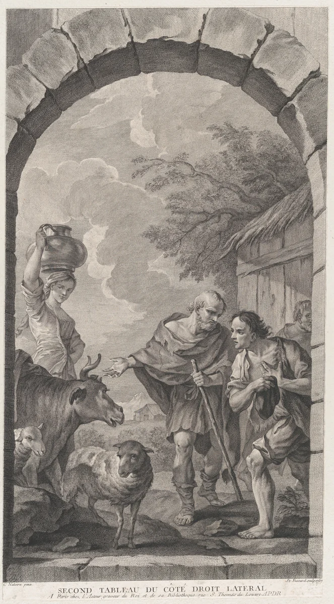 The Chapel of the Enfants-Trouvés in Paris: Groupe des bergers devant une chaumière by Etienne Fessard, print, 1757