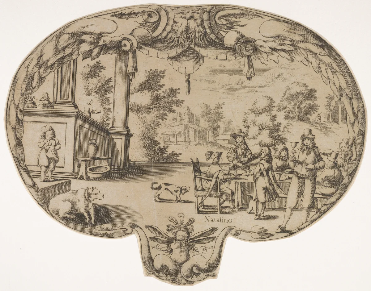 Fan design, with figures eating outdoors by Valerio Spada, print, 1648-1658