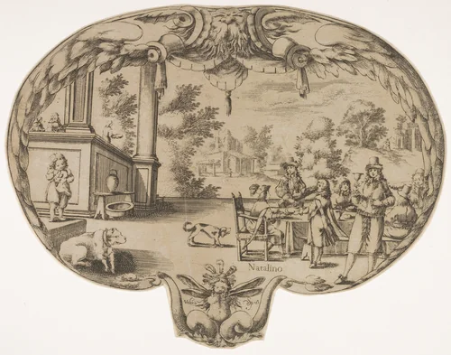 Fan design, with figures eating outdoors by Valerio Spada, print, 1648-1658