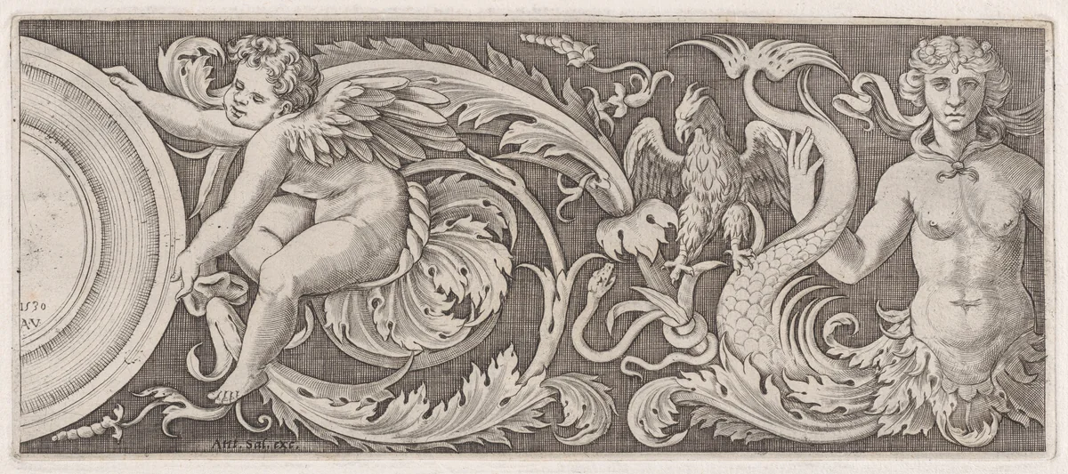 Frieze with Eros and a Siren by Agostino Veneziano, print, 1530