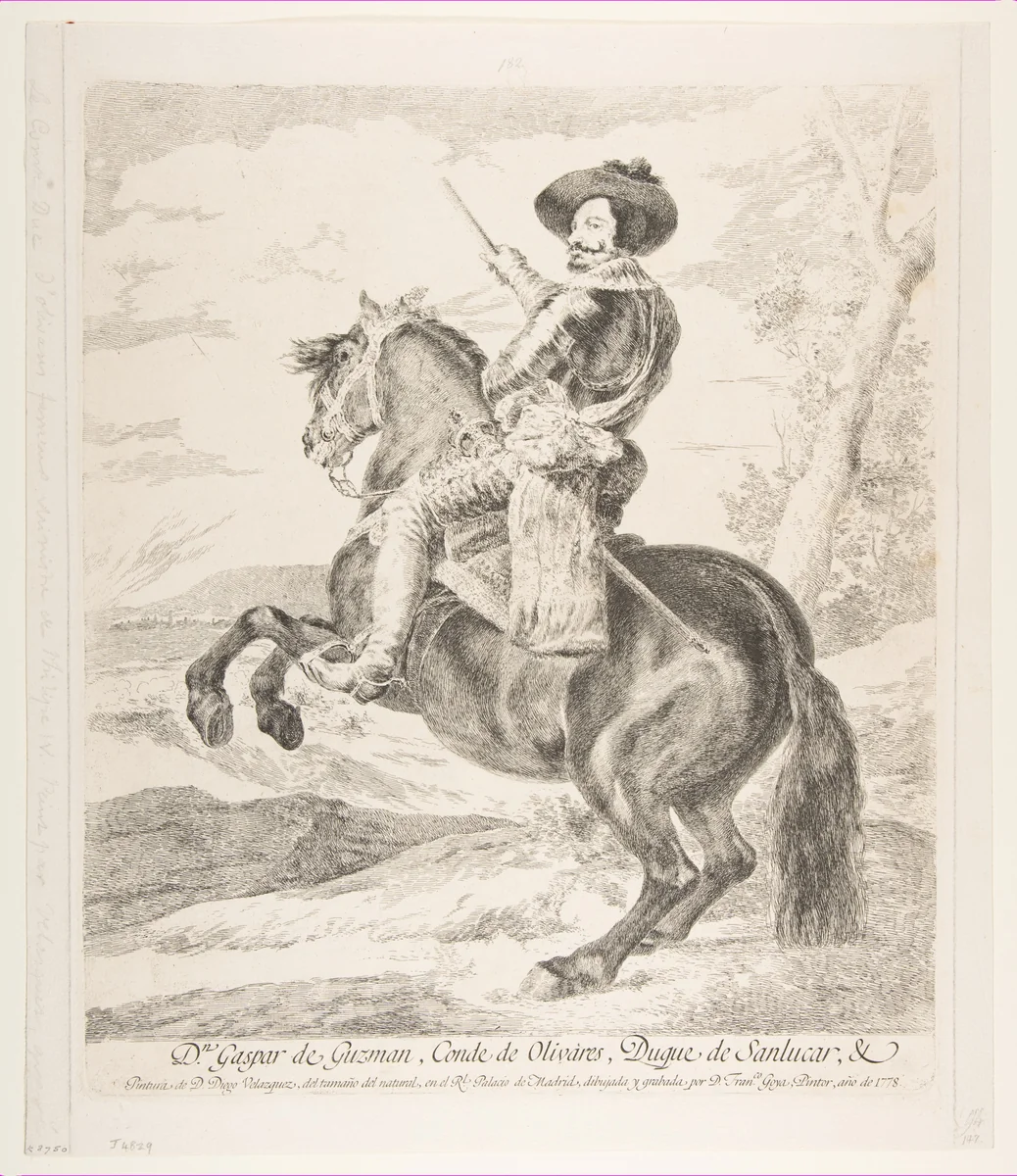 Gaspar de Guzmán, Count Duke of Olivares on horseback, after Velázquez by Goya, print, 1778