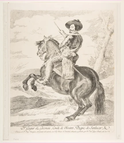 Gaspar de Guzmán, Count Duke of Olivares on horseback, after Velázquez by Goya, print, 1778
