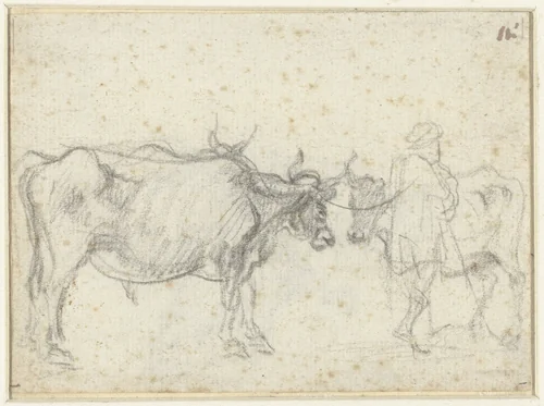 Twee koeien en een herder by Claude Lorrain, drawing, 1635-1645