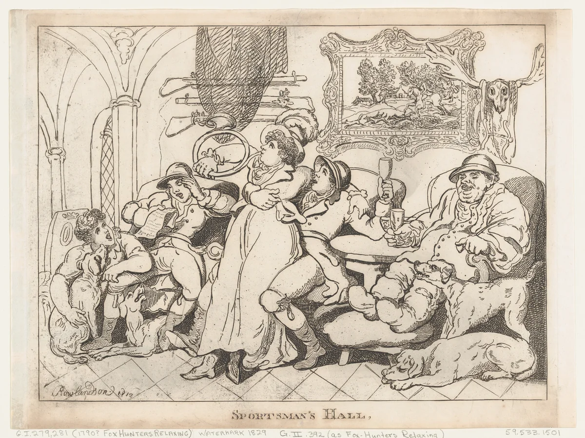 Sportsman's Hall, or Fox-Hunters Relaxing by Thomas Rowlandson, print, 1812