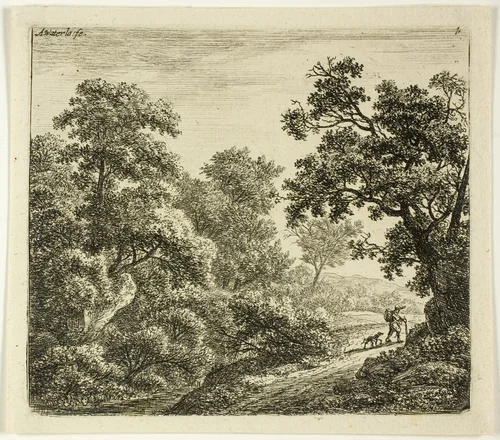 The Wanderer and His Dog by Anthonie Waterloo, print, 1630-1690