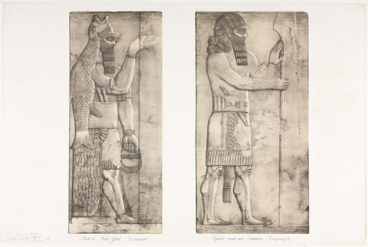 Monuments of Ninevah: Plate 6, Fish-god (Nimroud); Figure near an Entrance (Kouyunjik) by Austen Henry Layard, print, 1853