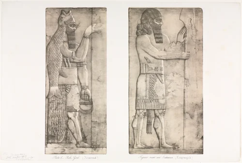 Monuments of Ninevah: Plate 6, Fish-god (Nimroud); Figure near an Entrance (Kouyunjik) by Austen Henry Layard, print, 1853