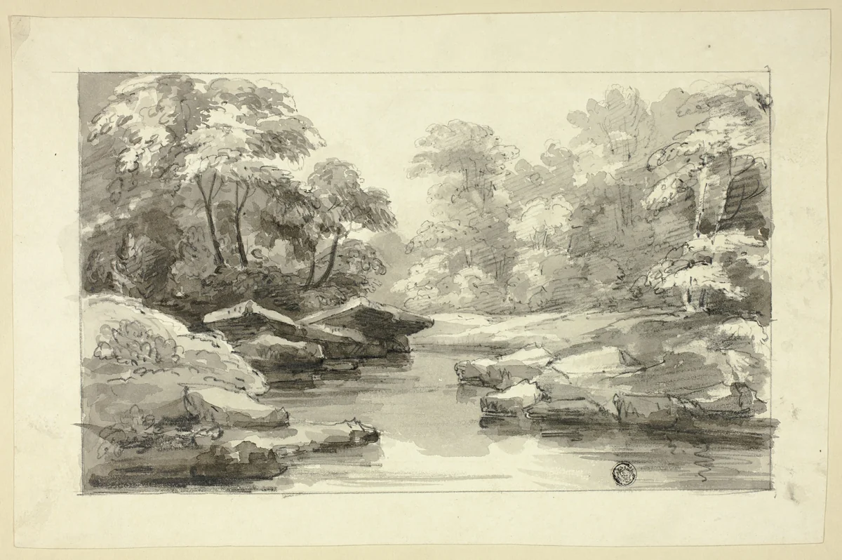 View Along Stream and Wooded Banks by George Howland Beaumont, drawing, 1815-1825