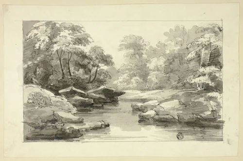 View Along Stream and Wooded Banks by George Howland Beaumont, drawing, 1815-1825