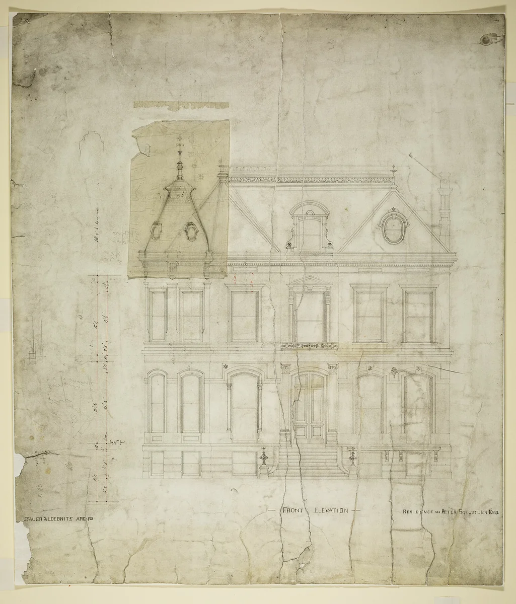 Peter Schuttler II House, Chicago, Illinois, Front Elevation by Bauer & Loebnitz, drawing, 1873-1874