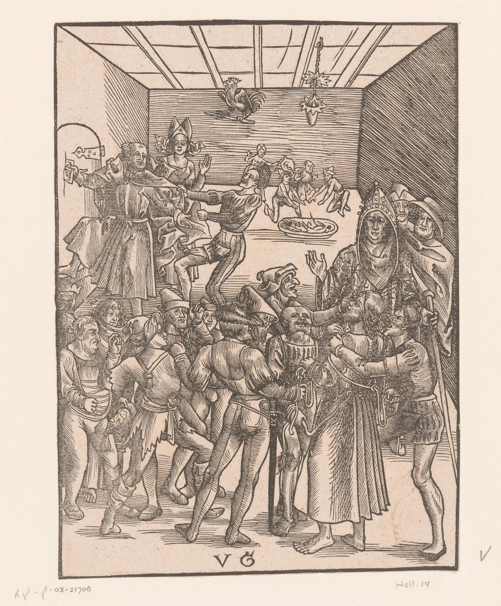 Christus voor Annas en de ontkenning door Petrus by anonymous, print, 1506