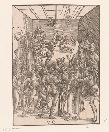 Christus voor Annas en de ontkenning door Petrus by anonymous, print, 1506