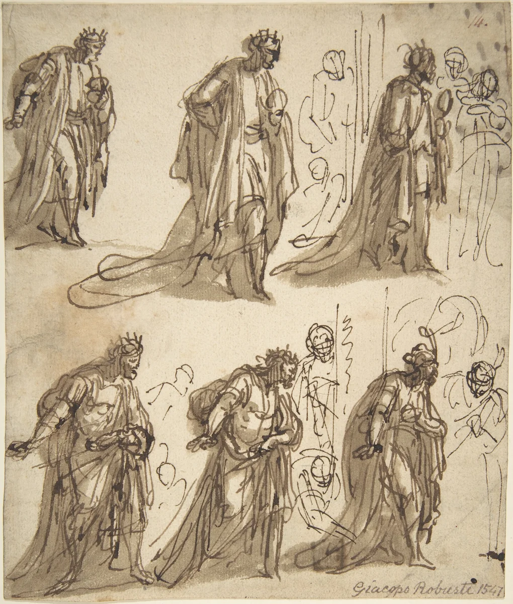 Six Studies of a King for an Adoration by anonymous, drawing, 1500-1600